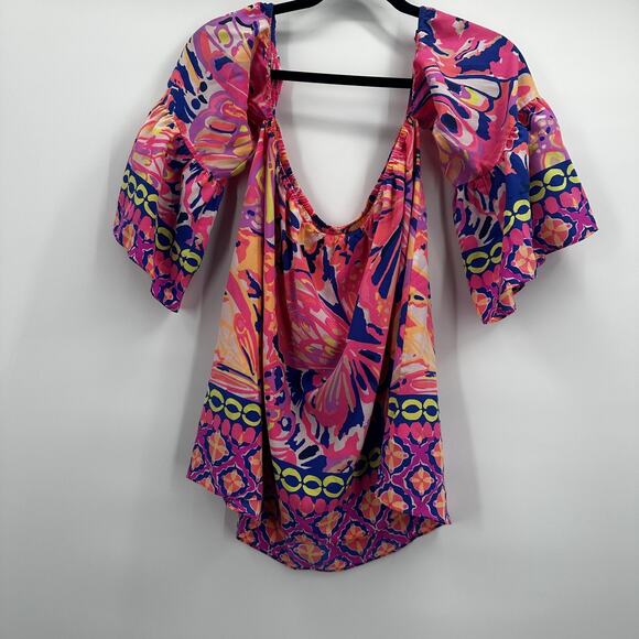 Lilly Pulitzer Sanilla Silk Top Off the Shoulder Pink Fusion Medium Floral - Picture 4 of 10